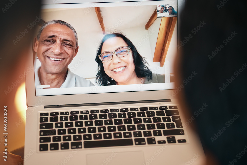 Video call, laptop screen and smile with face of family for communication, contact or connection. Ha