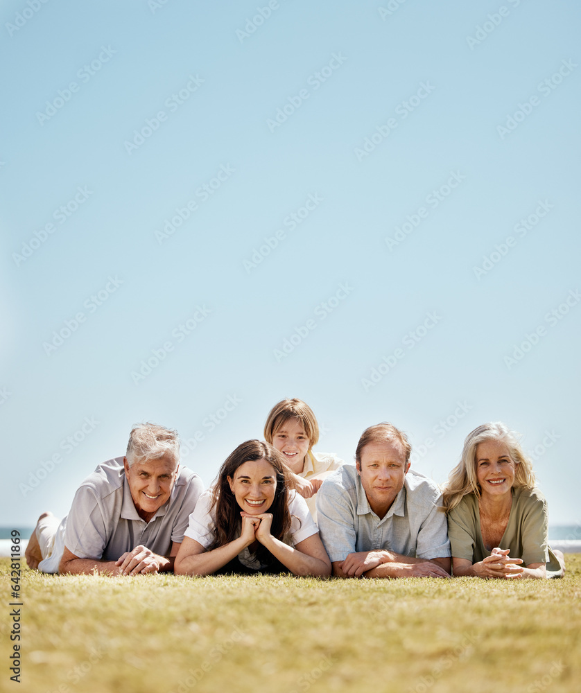 Big family, picnic and grandparents with children and parents in mockup space and on vacation or out