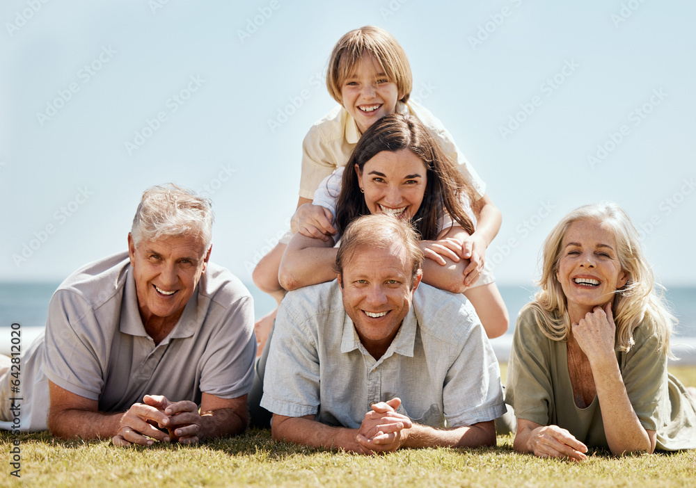 Happy family, picnic and grandparents with child and parents on tropical vacation or outdoor holiday