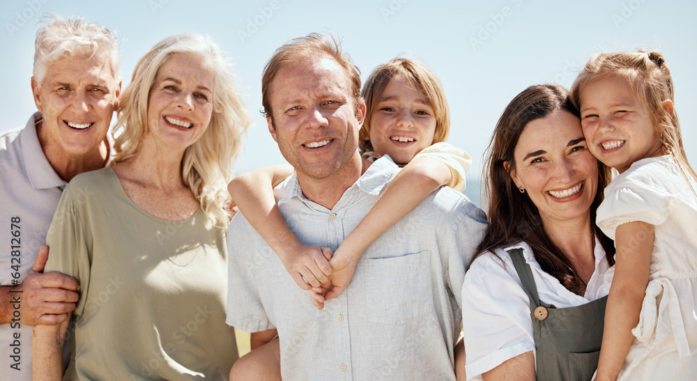 Big family, happy and grandparents with children and parents on tropical vacation or outdoor holiday