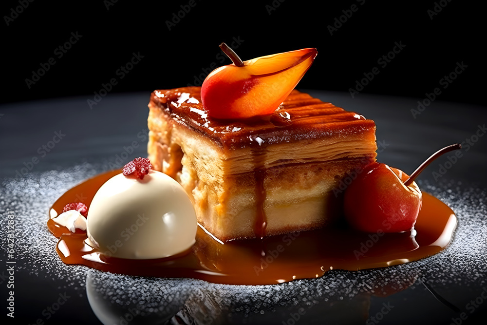 Apple cake with syrup and apple, cream and cherry on a plate - Apple background