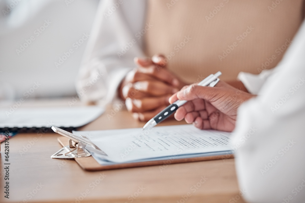 Hands, contract or doctor consulting a patient in meeting in hospital writing history or healthcare 