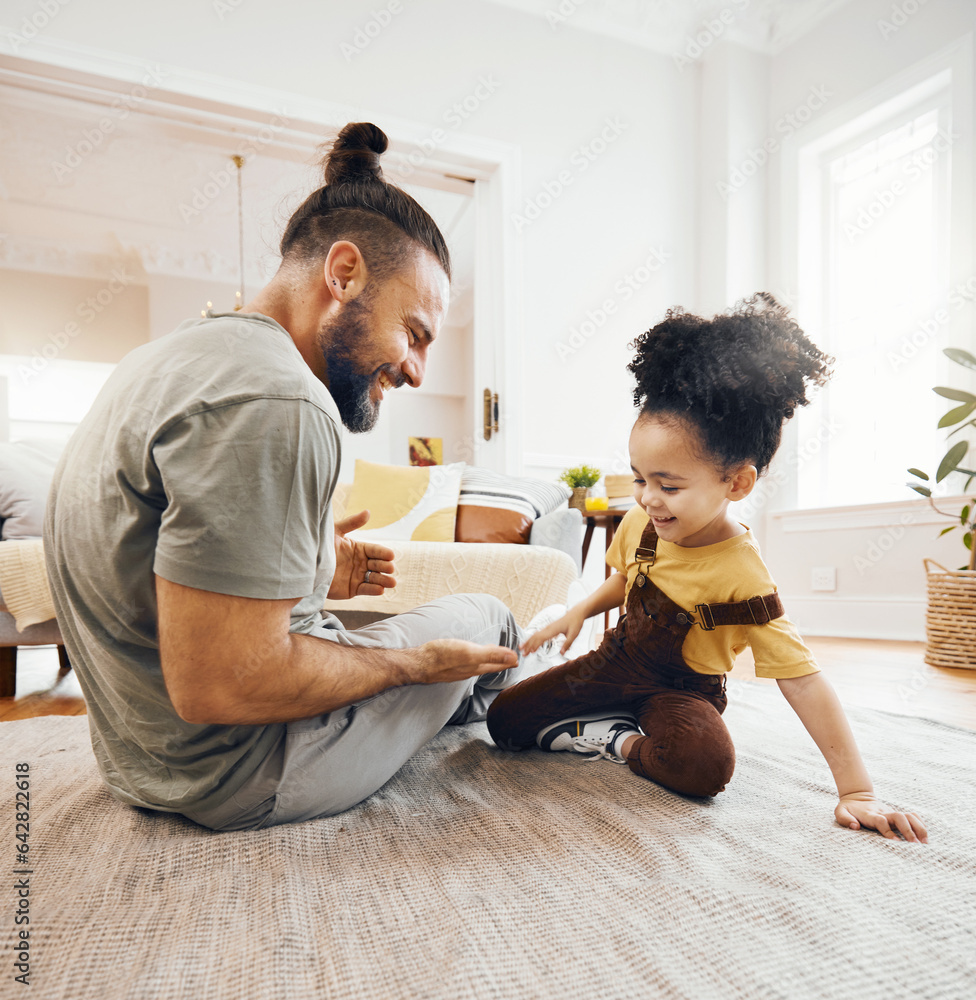 Happy family, father and child with hand game on floor of living room for learning, love and develop