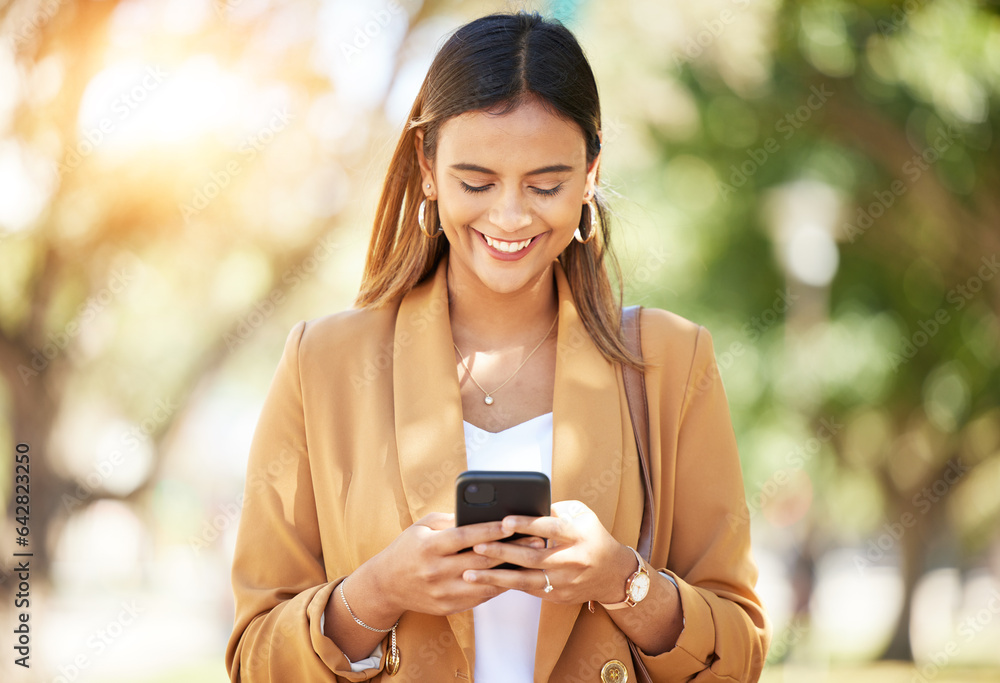 Happy woman, phone and typing in nature for social media, communication or outdoor networking. Femal