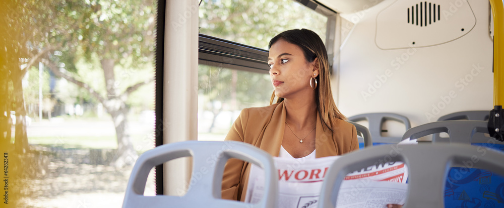 Woman on a bus, transport and travel with newspaper, commute to work or university, city and traffic