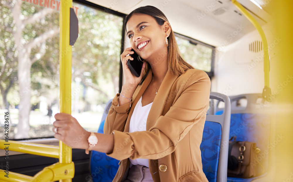 Woman, thinking and phone call on bus, transport or travel in city with business communication, onli