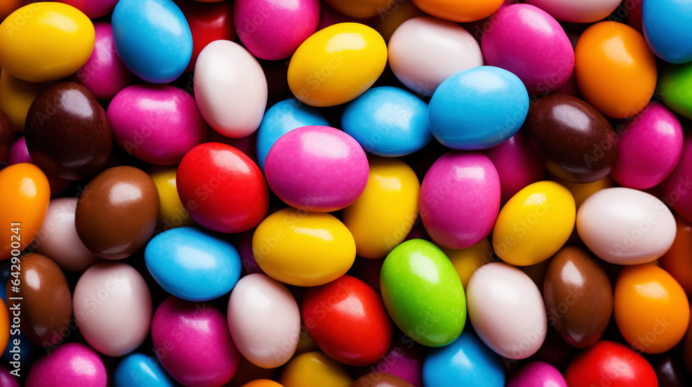 Close up of a pile of colorful chocolate coated candies. Candy background. Generative AI