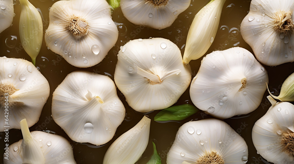 Fresh garlic with water drops background. Vegetables backdrop. Generative AI