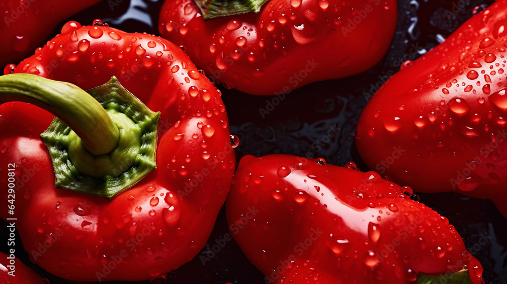 Fresh red bell peppers with water drops background. Vegetables backdrop. Generative AI