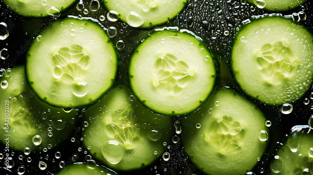 Fresh green cucumber slices with water drops background. Vegetables backdrop. Generative AI