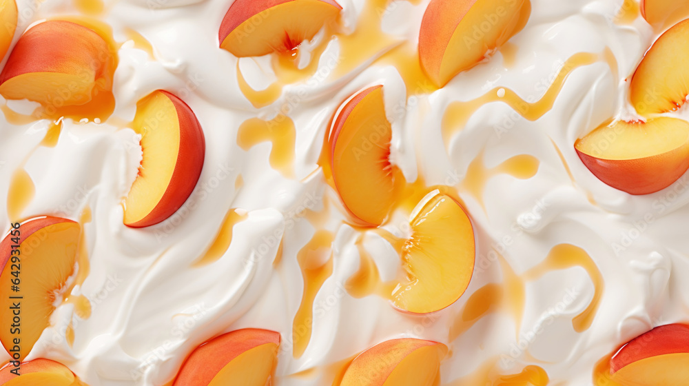 Yogurt and fresh peaches, background. Top view. Generative AI