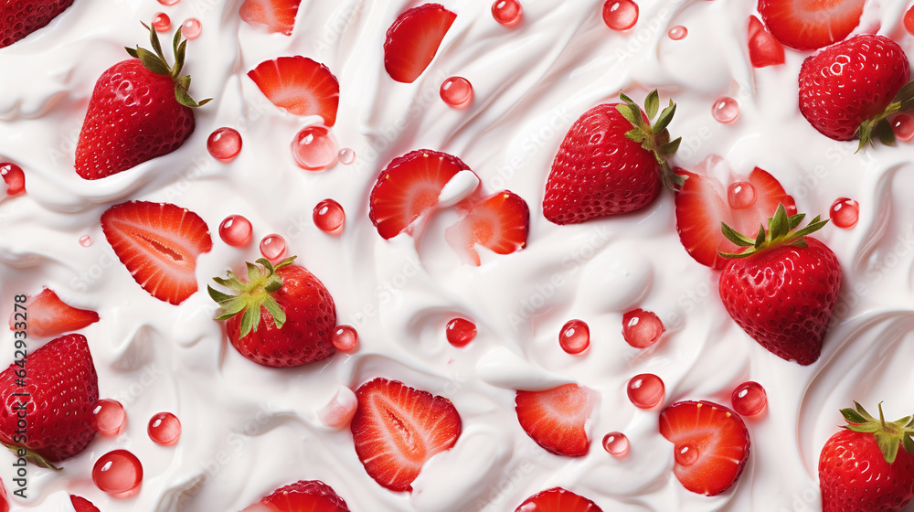 Yogurt and fresh strawberries, background. Top view. Generative AI