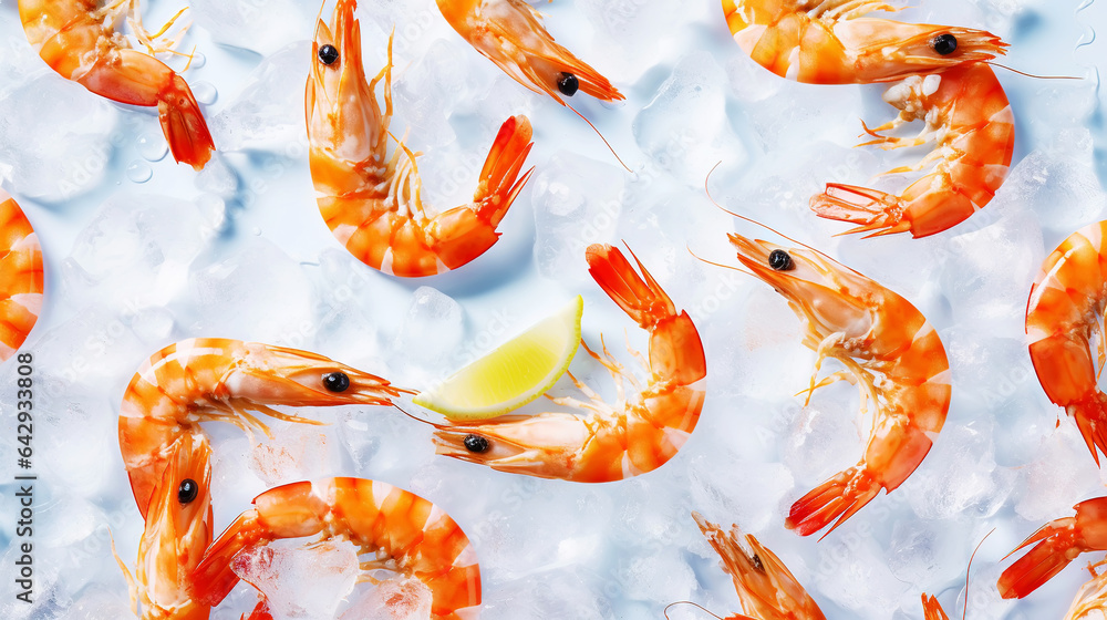 Top view of raw whole shrimps on ice. Seafood background. Generative AI