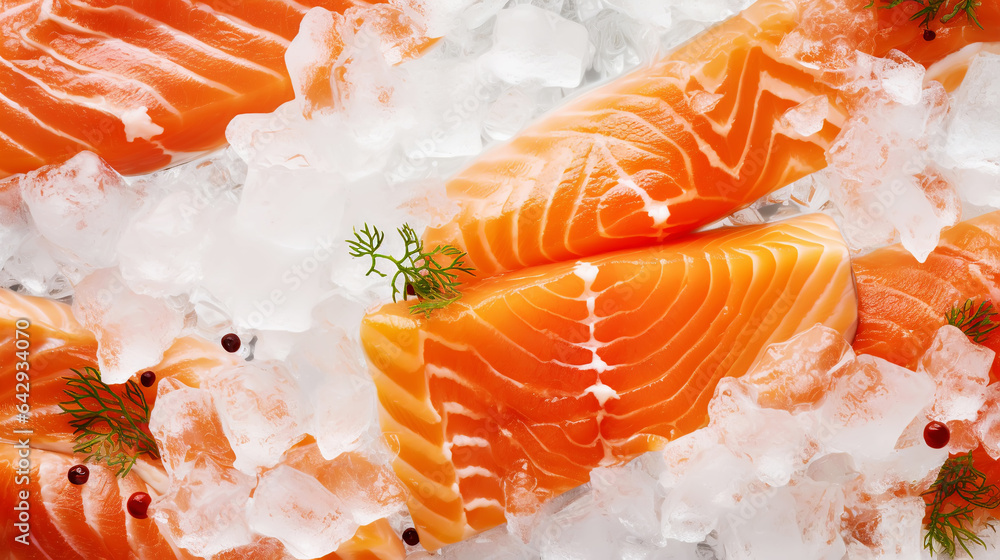 Fresh salmon fillet on ice. Red tasty fish meat. Seafood background. Generative AI