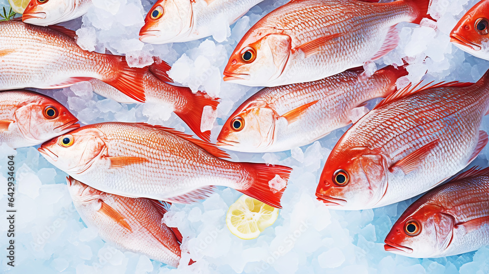 Red snapper fish catch in ice cubes. Seafood background. Generative AI