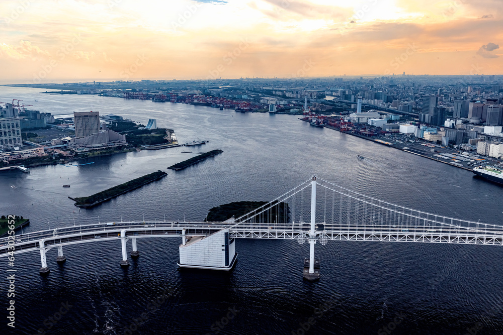 Aerial view of the Rainbow Bridge in Odaiba, Tokyo, Japan