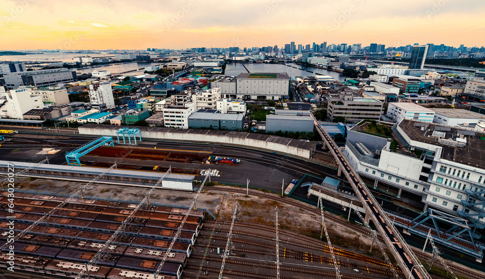 Aerial view of a train terminal in Koto City, Tokyo, Japan