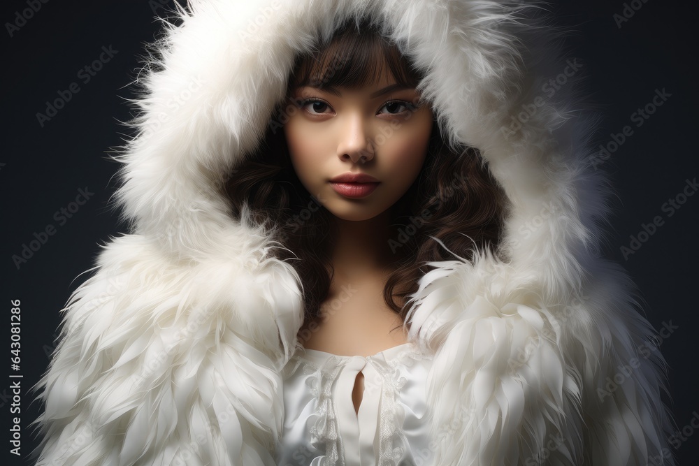 Beautiful woman wears the mystical aura and wears a shimmering white latex fur.