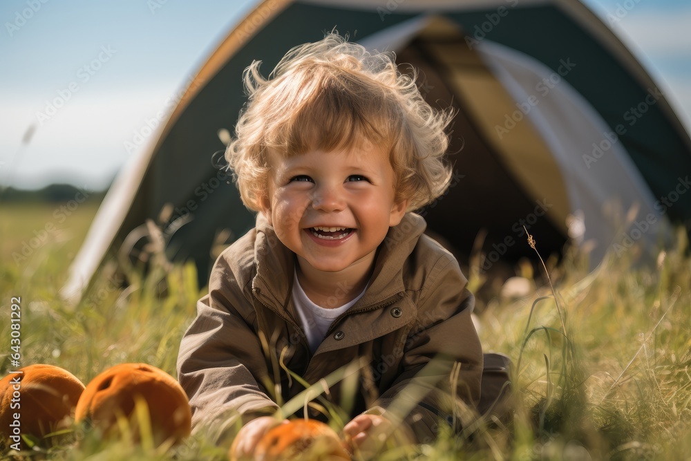 happy baby playing in the grass with tent, Picnic, Family concept.