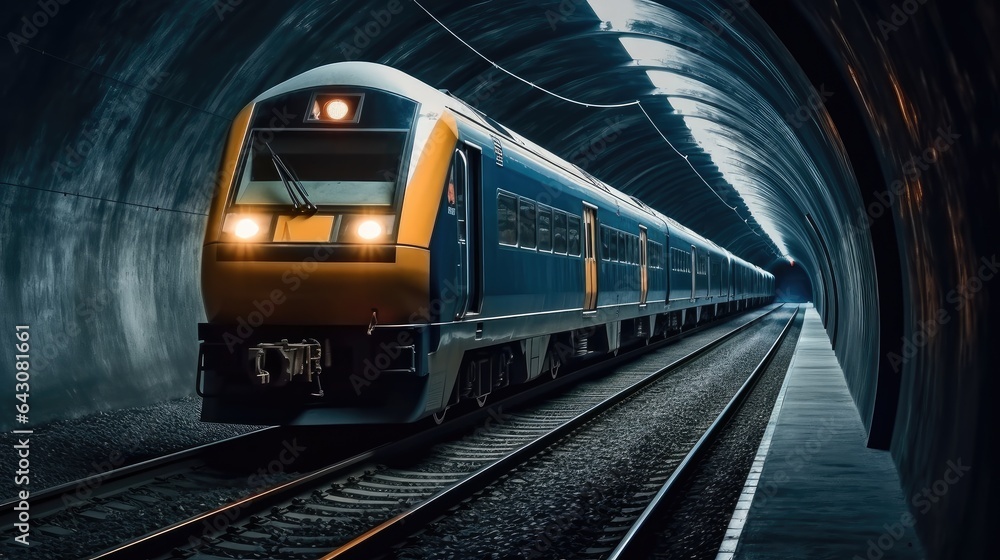 Subway, A train travels through a tunnel.