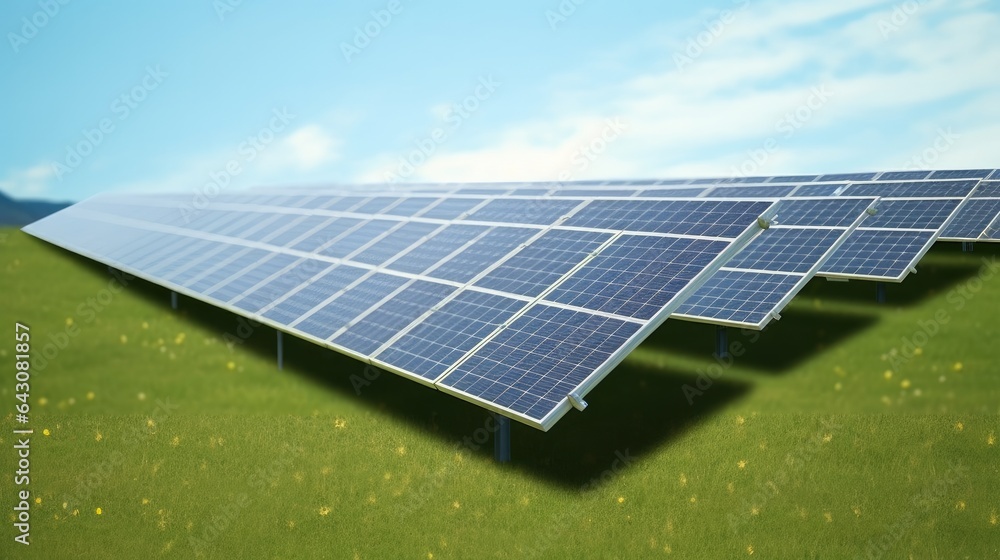 Solar panels on green field at solar farm station.