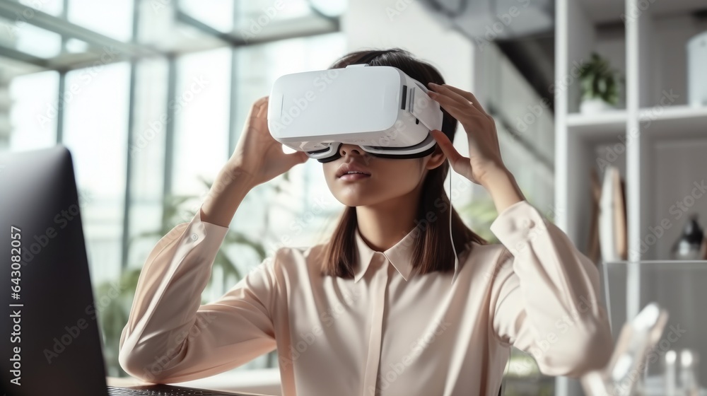 Asian woman Architect designer wearing VR headset for BIM technology working together design 3D mode