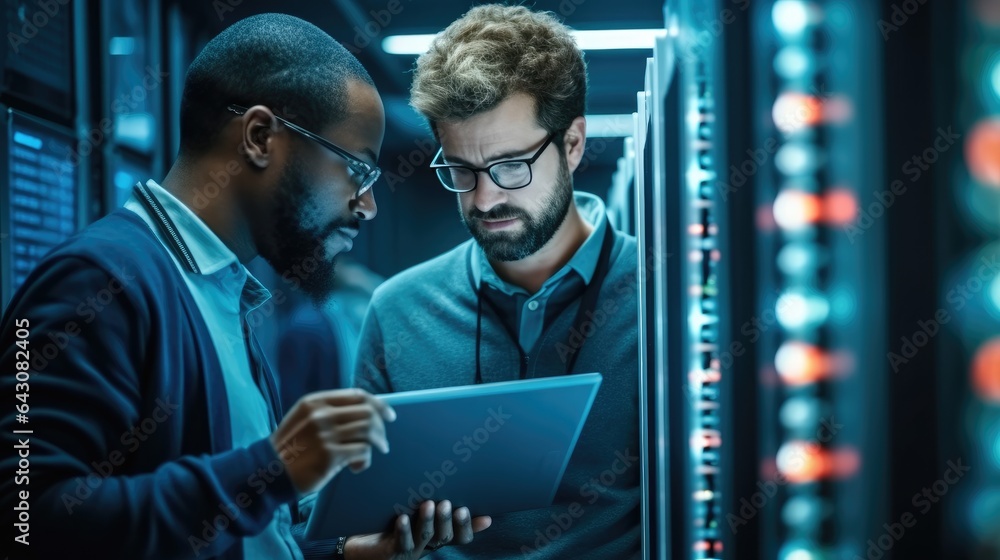 IT Technician works on laptop computer and black male engineer colleague in Data Center while workin