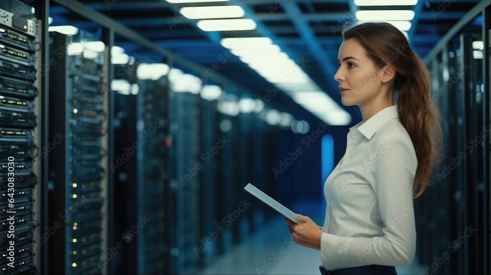 Female IT Technician working and inspecting working server cabinets in data center.