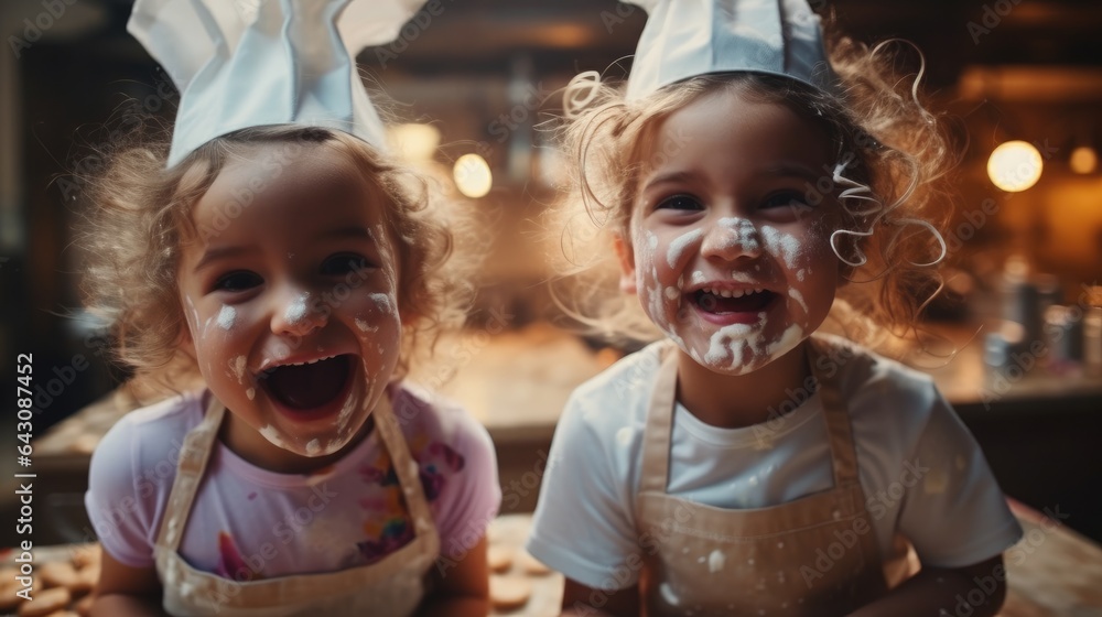 Happy two children are bake cookies in kitchen, Creative and happy childhood concept, Funny.