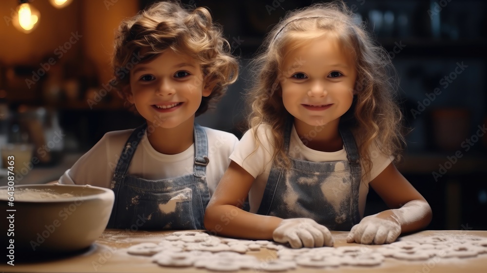 Happy two children are bake cookies in kitchen, Creative and happy childhood concept, Funny.