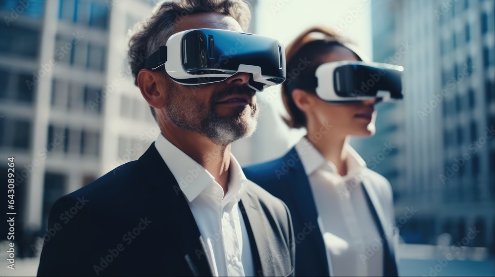 Business people in formal suit using VR glasses virtual reality AI experience planning and strategy 