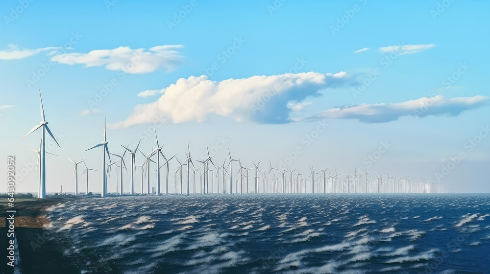 Wind mill farm in sea against blue sky, Renewable energy concept.