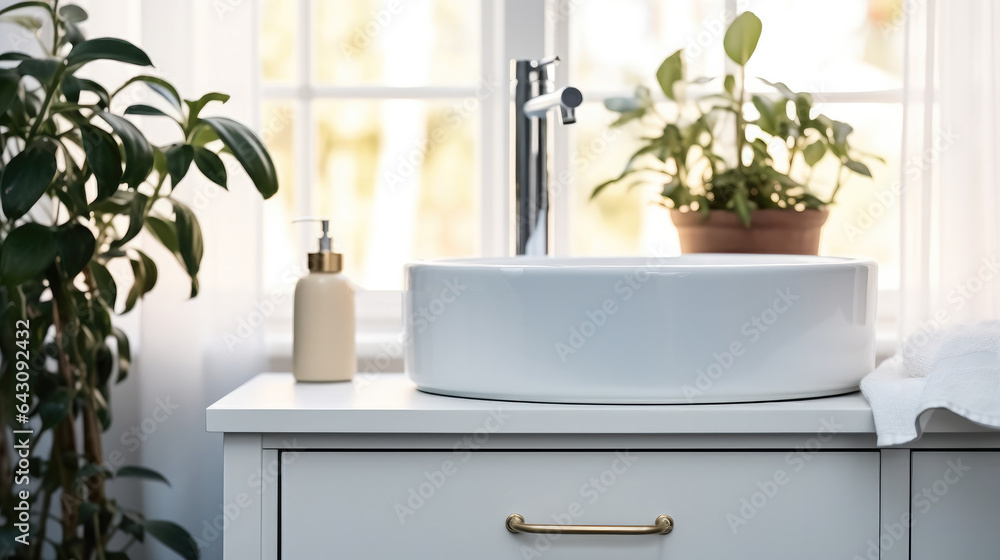 Modern of bathroom with sink bowl on dressing table, Stool and mirror with shelving unit.