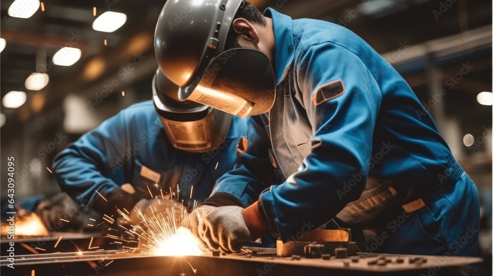 Welding worker team working arc weld metal joint production in heavy industry.