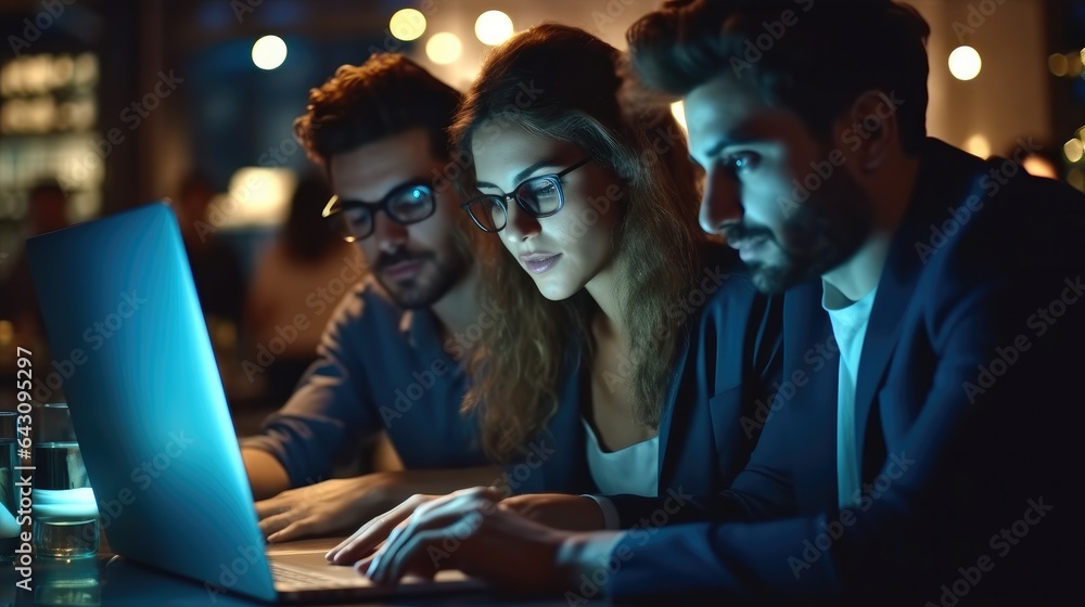 Female and male creative business person working together in modern office interior studio late nigh