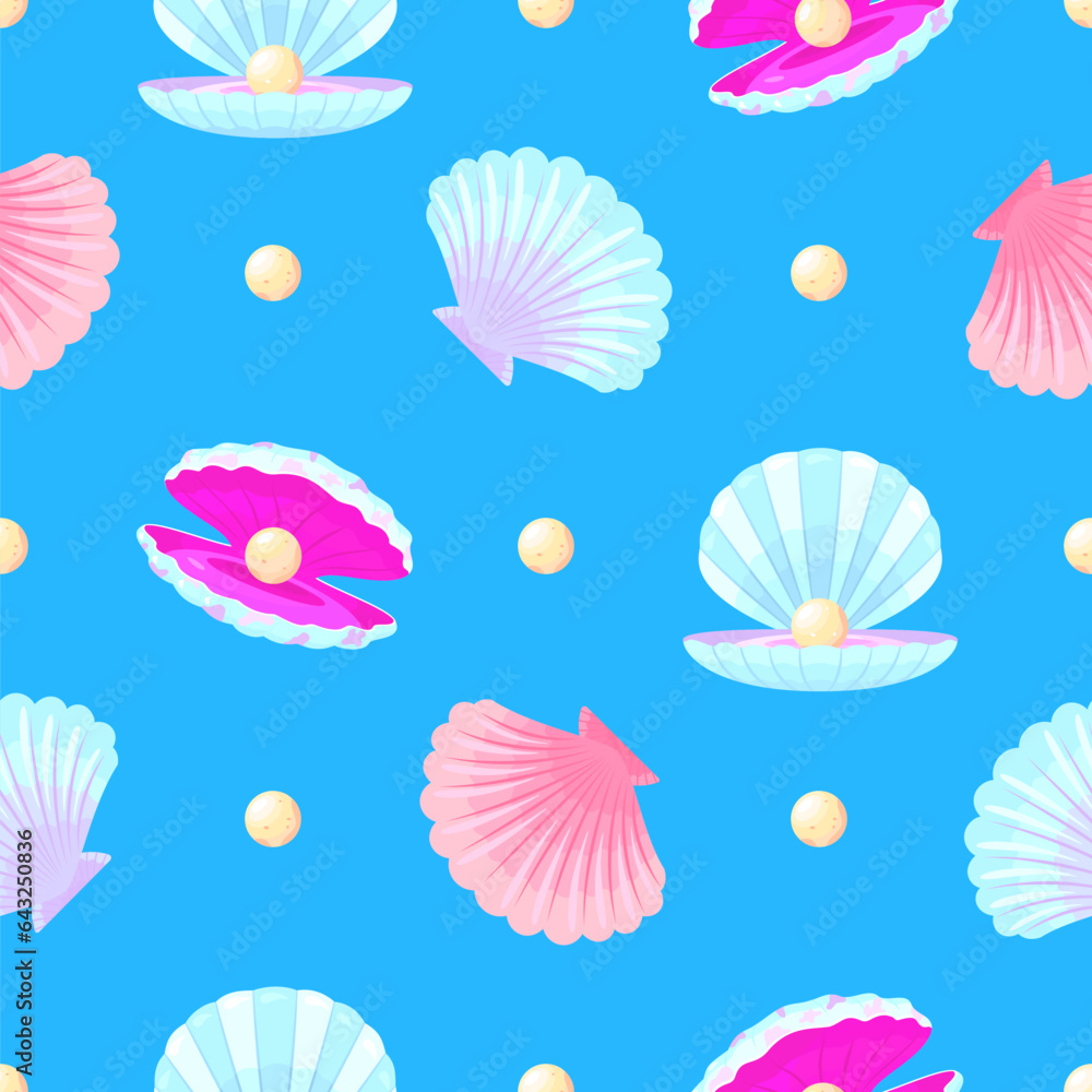 Pearl shell seamless pattern. Cartoon shells and pearls fabric print. Decorative underwater elements