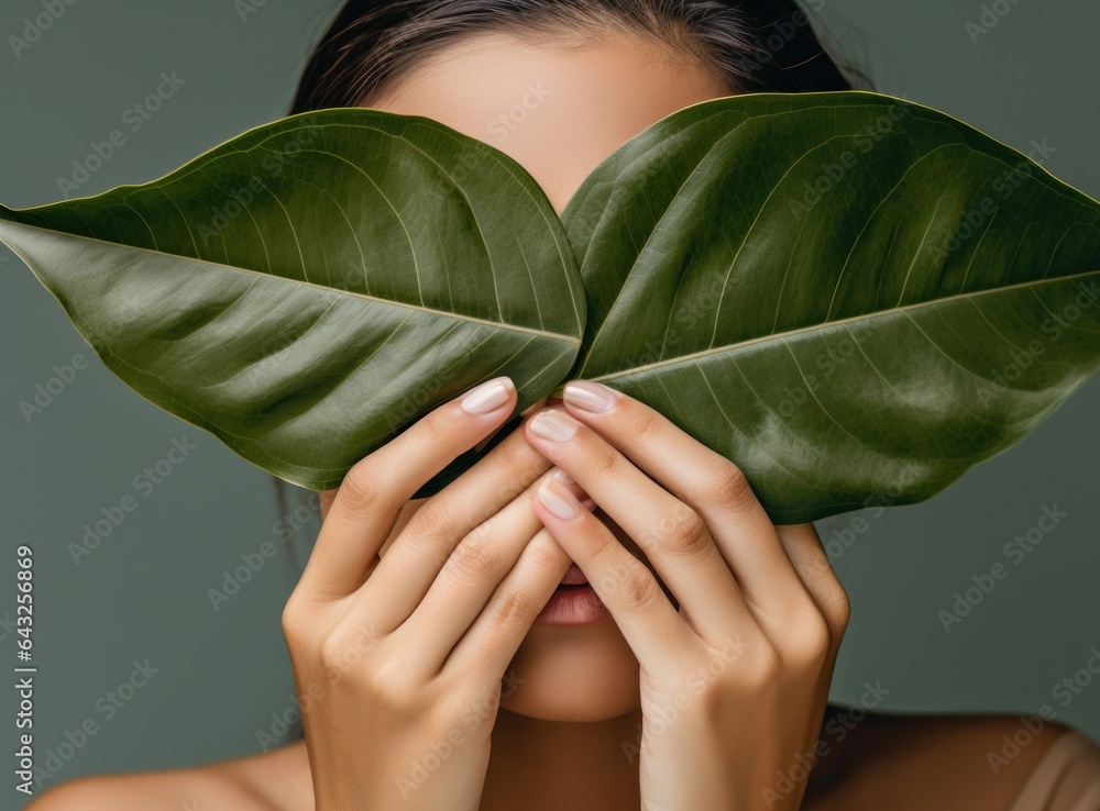 A young woman holding a large leaf behind her head