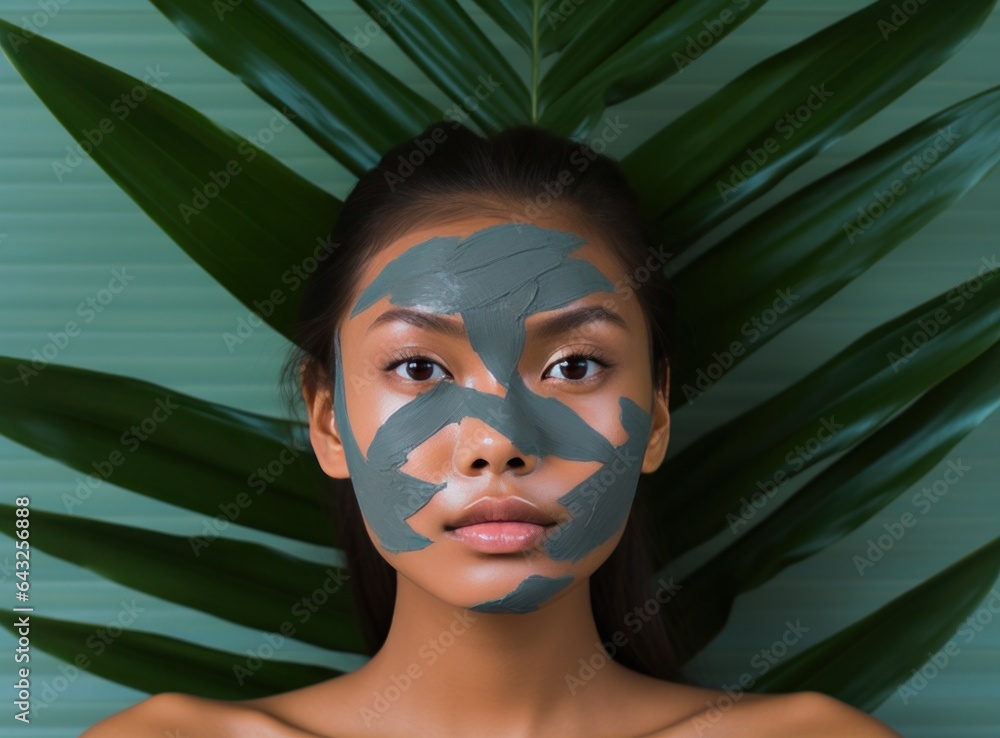 A young woman holding a large leaf behind her head