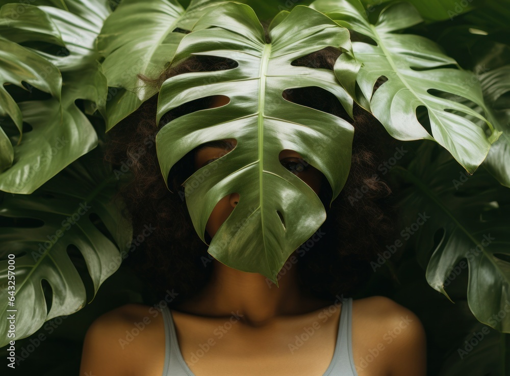 A young woman holding a large leaf behind her head