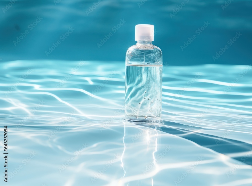 Clear bottle of moisturizer in blue water