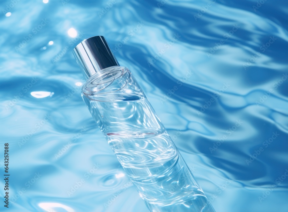 Clear bottle of moisturizer in blue water