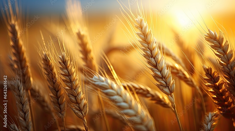 Wheat field with ripe ears in the rays of sunset. Beautiful rural scenery with rich harvest. Nature 