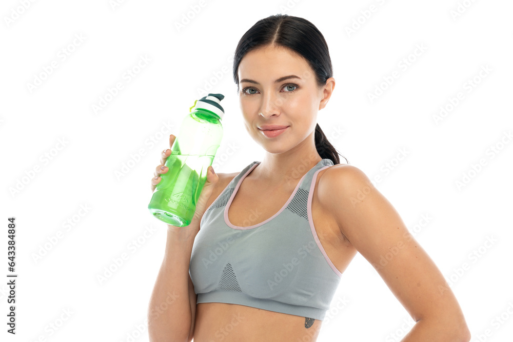 Portrait sport beauty body slim woman drinking water from a bottle while relax and feeling fresh on 