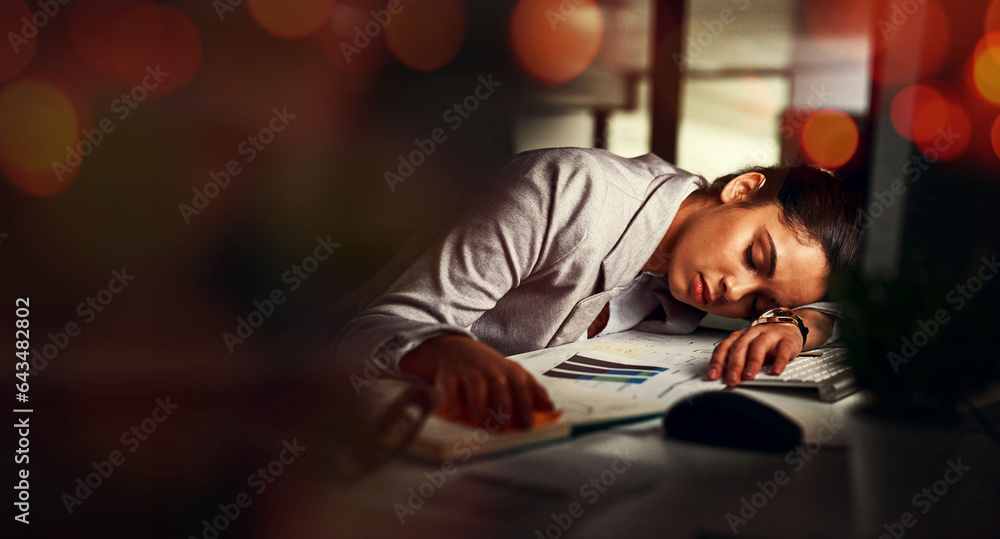 Business woman, sleep and desk in night, tired and bokeh with burnout, stress and deadline in modern