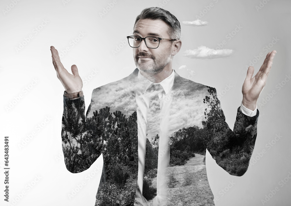 Double exposure businessman, portrait or confused with solution by white background for eco friendly