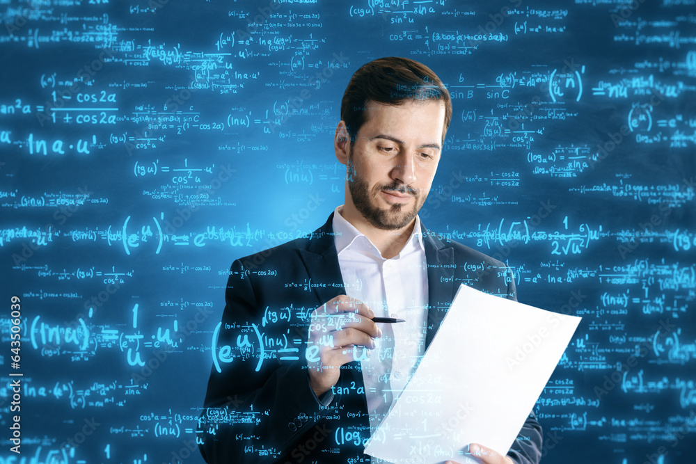 Front view of young european man with document in hand using glowing digital math formulas hologram 