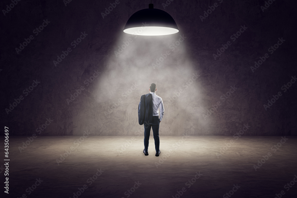 Back view of young businessman standing in spotlight of lamp in concrete interior.