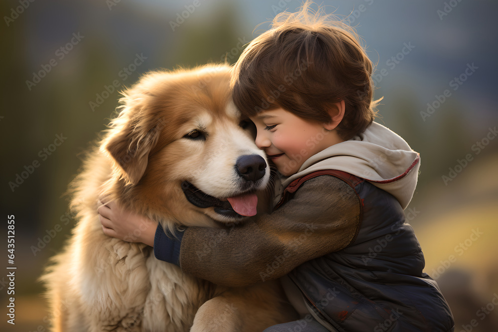 Happy boy playing with his pet dog spending leisure time outdoors, cute child and his pet sitting on