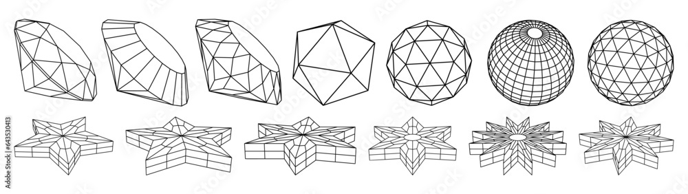 Collection of wireframe lowpoly 3d geometric shapes, diamond, gemstone, stars, spheres. Surreal line