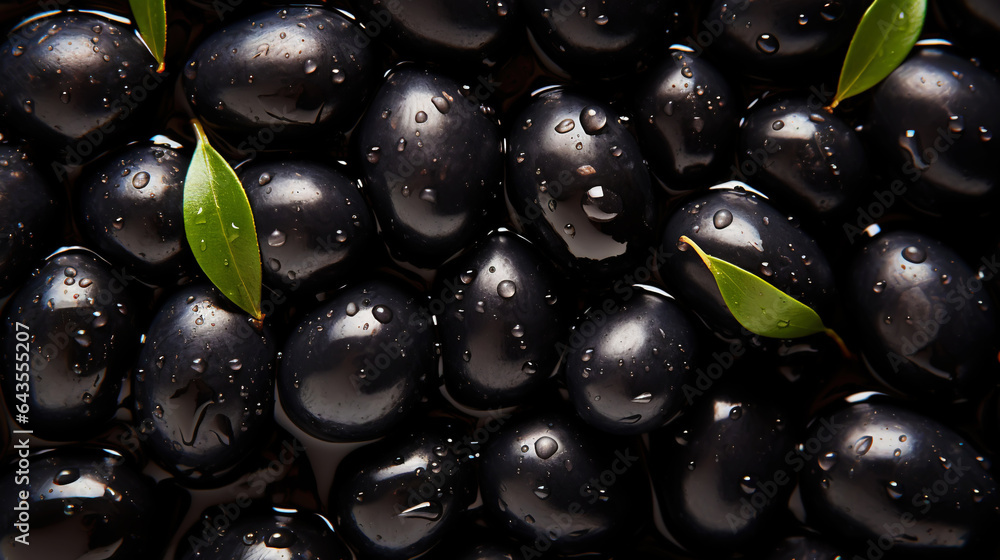 Black olives with leaves and water drops background. Vegetables backdrop. Generative AI